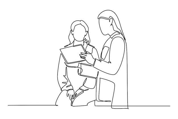Un solo dibujo de una línea un médico explica el estado de salud de un paciente concepto de rehabilitación de terapia física Vector de diseño de dibujo de línea continua