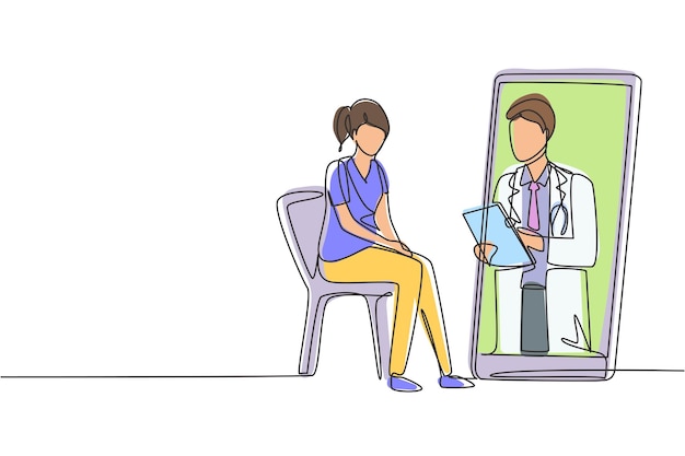 Un solo dibujo de una línea médico sosteniendo el clipboard comprobando el estado Concepto de consulta en línea