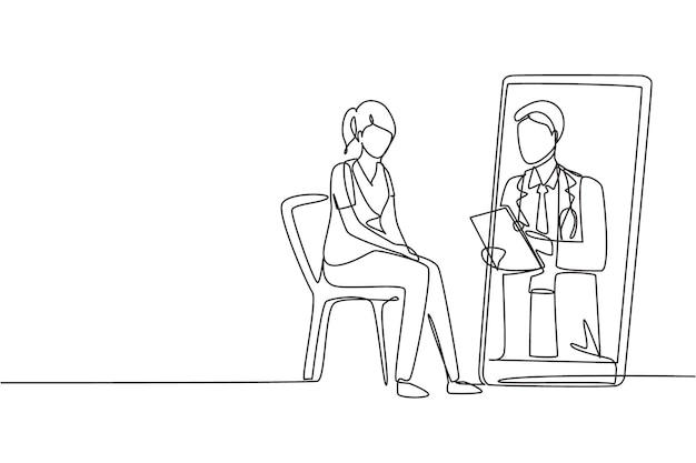 Un solo dibujo de una línea médico sosteniendo el clipboard comprobando el estado Concepto de consulta en línea