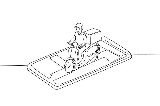 Vector un solo dibujo de una línea mensajero entregar paquetes usando scooter vector de diseño de servicio de entrega rápida