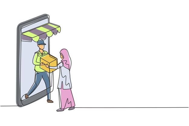 Un solo dibujo de una línea mensajero masculino sale de un teléfono inteligente gigante da paquete a una mujer hijab