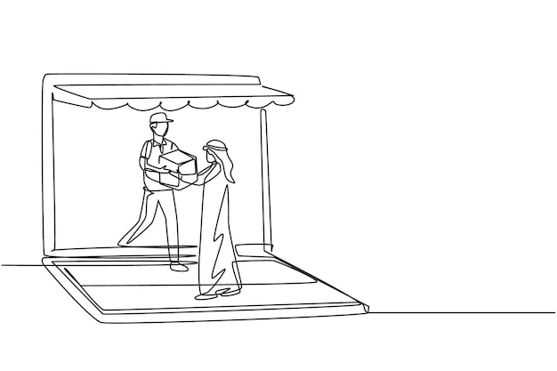 Un solo dibujo de una línea mensajero sale de la pantalla del portátil y da la caja del paquete al hombre árabe
