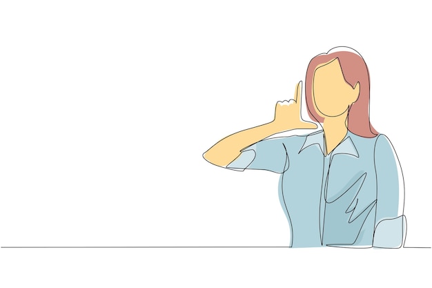 Un solo dibujo de una línea de una mujer infeliz que muestra un signo de perdedor en la frente con los dedos estresado de moda