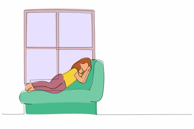 Vector un solo dibujo de una línea de una mujer joven acostada en el alféizar de la ventana en el diseño de casa ilustración vectorial gráfica