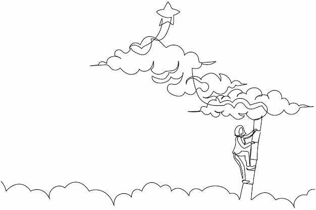 Un solo dibujo de una línea mujer de negocios activa subiendo una escalera para alcanzar las estrellas vector de diseño