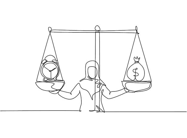 Un solo dibujo de una línea mujer de negocios árabe bolsa de dinero de peso y reloj analógico con vector de escala