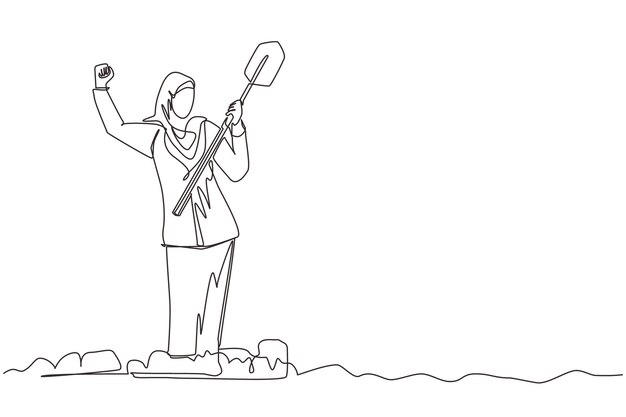 Un solo dibujo de una línea de una mujer de negocios árabe de pie y sosteniendo una pala en el suelo excavado vector de diseño