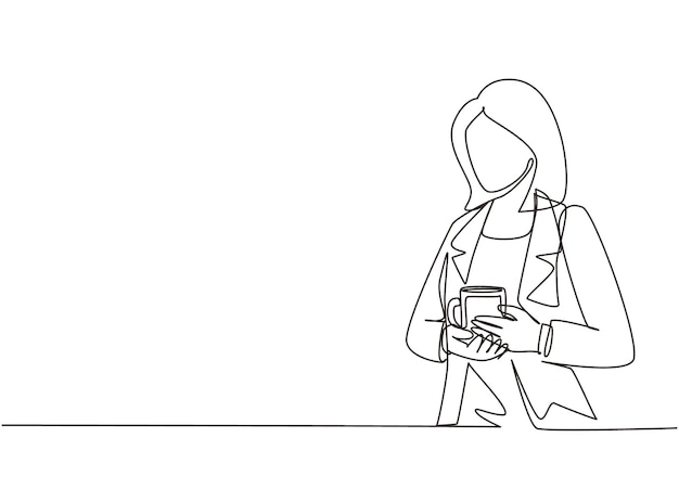 Un solo dibujo de una línea de una mujer de negocios atractiva y sonriente en su oficina sosteniendo una taza de café.