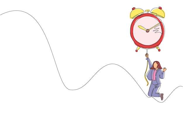 Un solo dibujo de una línea mujer de negocios gerente empleado volando con un gran globo reloj despertador vector