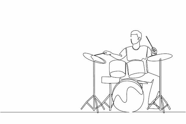 Un solo dibujo de una línea músico masculino de jazz rock and roll tocando instrumentos de batería percusión