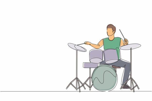 Un solo dibujo de una línea músico masculino de jazz rock and roll tocando instrumentos de batería percusión