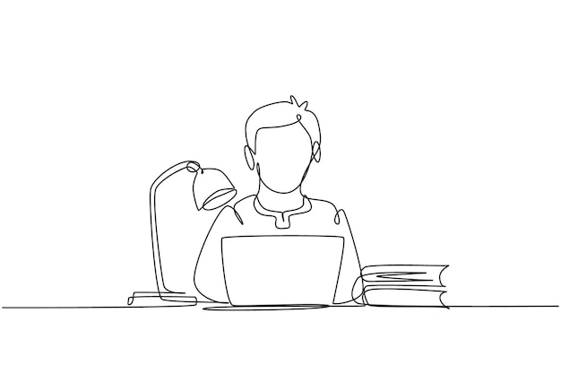 Un solo dibujo de una línea niño árabe estudiando con una computadora portátil y una lámpara de estudio sentado en una silla alrededor del escritorio