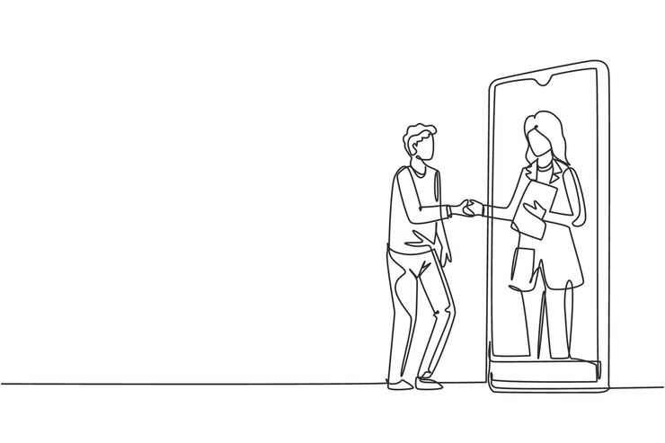 Vector un solo dibujo de una línea de un paciente masculino estrechando la mano con una doctora en un teléfono inteligente que sostiene el portapapeles