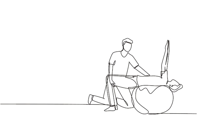 Un solo dibujo de una línea de un paciente masculino tendido sobre una pelota de goma con un vector de diseño de asistente médico