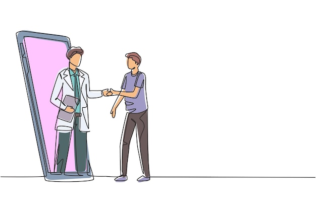 Un solo dibujo de una línea de un paciente de sexo masculino estrechando la mano de un médico de sexo masculino en un teléfono inteligente con un portapapeles