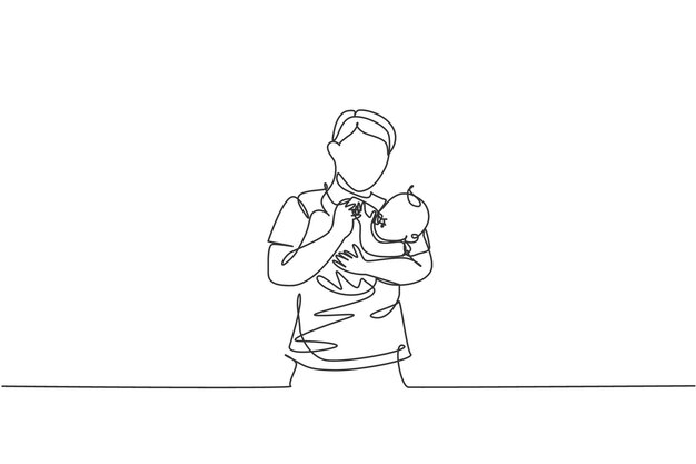 Un solo dibujo de línea de un padre cargando y alimentando a su bebé con alimentos nutritivos en el vector de arte en el hogar