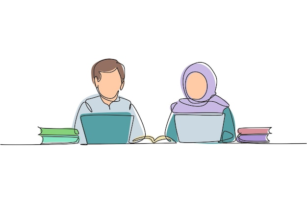 Un solo dibujo de una línea Una pareja árabe estudiando con un portátil y una pila de libros Diseño gráfico vectorial