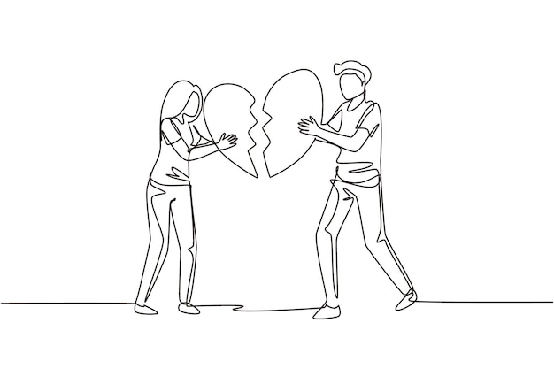 Un solo dibujo de una línea pareja de corazones rotos que se separan divorcio joven y mujer tristes tratando de juntar partes de corazones rotos diseño de dibujo de líneas continuas modernas ilustración vectorial gráfica.