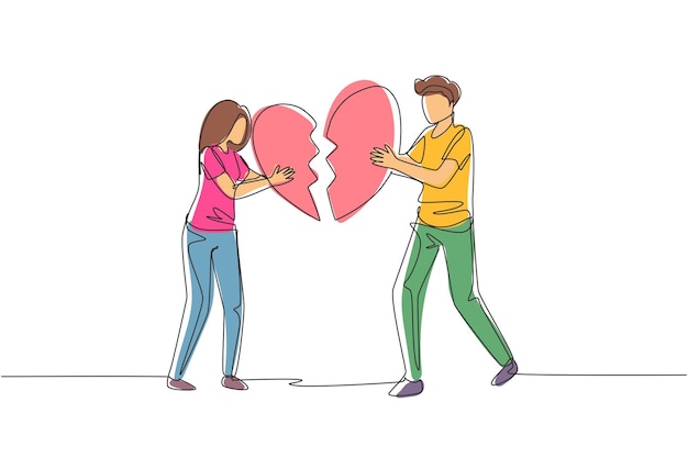 Vector un solo dibujo de una línea pareja de corazones rotos que se separan divorcio joven y mujer tristes tratando de juntar partes de corazones rotos diseño de dibujo de líneas continuas modernas ilustración vectorial gráfica.