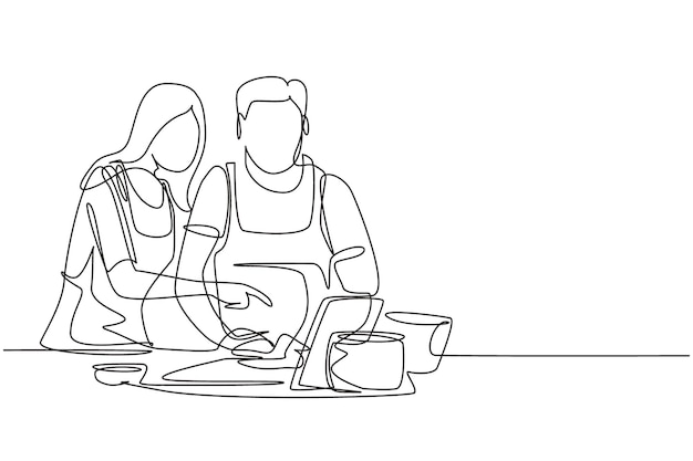 Vector un solo dibujo de una línea de una pareja romántica feliz cocinando juntos mientras ven el tutorial desde la tableta