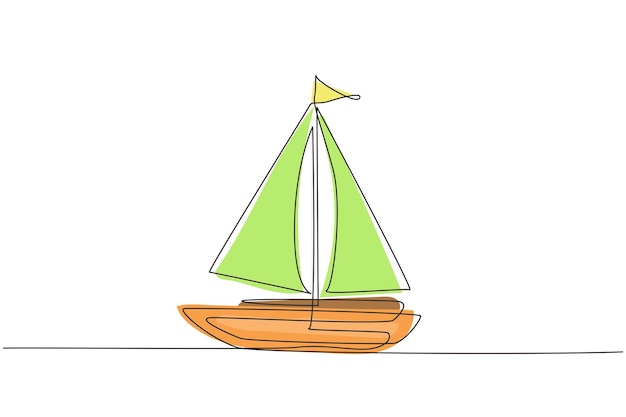 Un solo dibujo de una línea pequeño barco de vela barco de vela estilo plano Icono o símbolo de barco de juguete barco de vela barco de vela con velas blancas Diseño de dibujo de línea continua ilustración vectorial gráfica