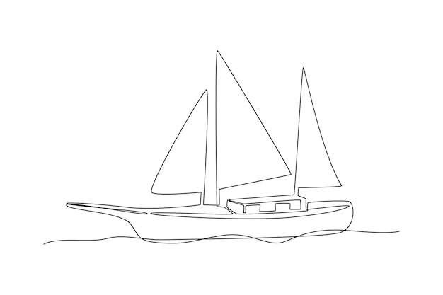 Un solo dibujo de una línea pequeño velero barco velero estilo plano velero velero con velas blancas dibujo de líneas continuas diseño gráfico ilustración vectorial