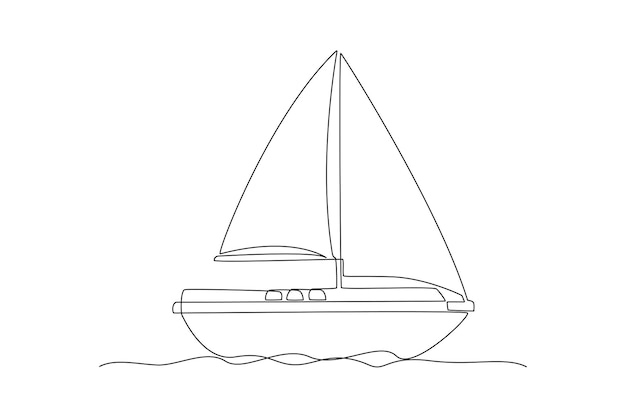 Un solo dibujo de una línea pequeño velero barco velero estilo plano velero velero con velas blancas dibujo de líneas continuas diseño gráfico ilustración vectorial