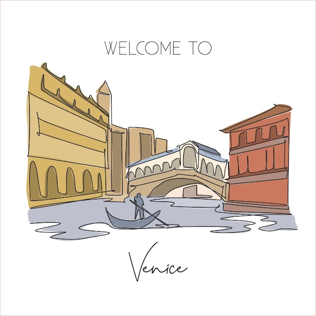 Un solo dibujo de línea puente de rialto punto de referencia famoso canal icónico en venecia italia vector de diseño