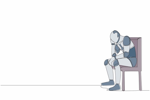 Un solo dibujo de una línea de un robot deprimido sentado en una silla pensando en pagar facturas durante una crisis