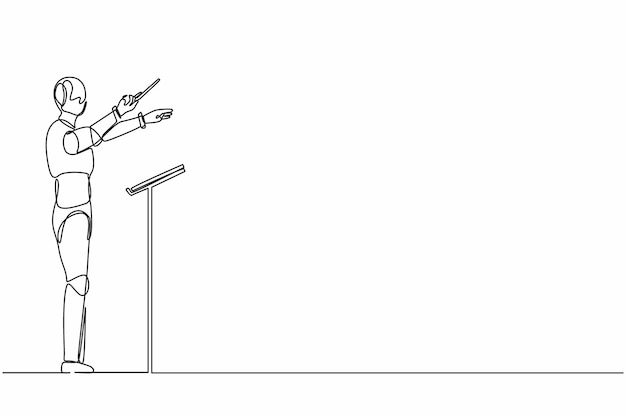 Un solo dibujo de una línea robot director de música dirigiendo una orquesta sinfónica tecnología del futuro