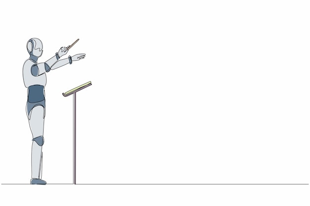 Un solo dibujo de una línea robot director de música dirigiendo una orquesta sinfónica tecnología del futuro