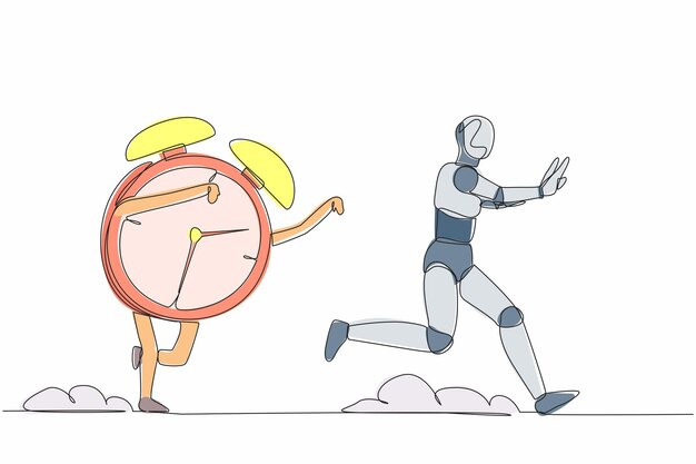 Un solo dibujo de una línea robot estresado siendo perseguido por el despertador apresúrate en el proyecto de fecha límite