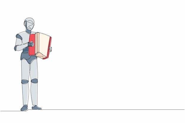 Un solo dibujo de una línea robot músico tocando acordeón Acordeonista actúa en la ilustración de escenario