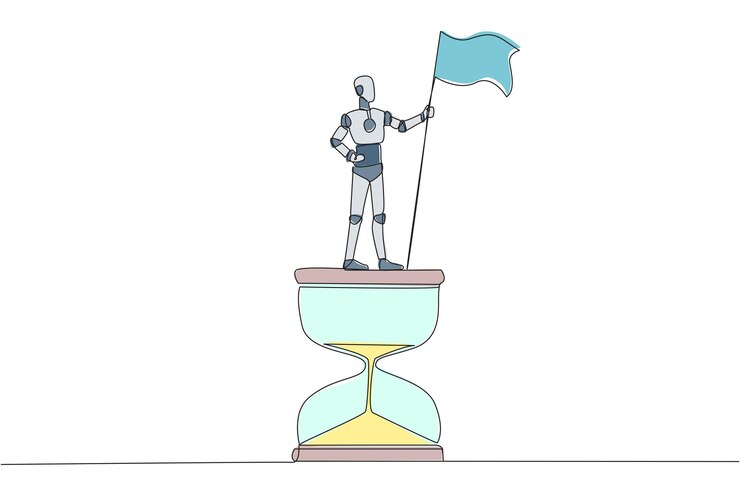 Vector un solo dibujo de una línea de un robot de pie en un reloj de arena gigante sosteniendo la bandera revoloteante
