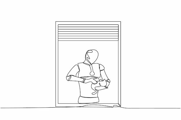 Un solo dibujo de una línea de un robot con una planta sosteniendo un gato y mirando a través de una ventana gráfico de diseño