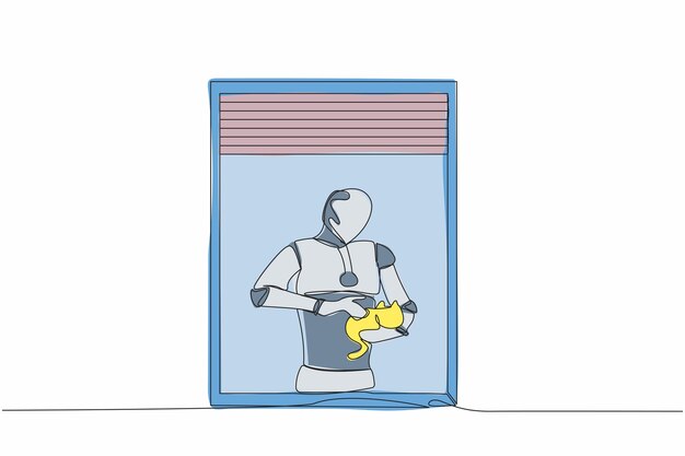 Un solo dibujo de una línea de un robot con una planta sosteniendo un gato y mirando a través de una ventana gráfico de diseño