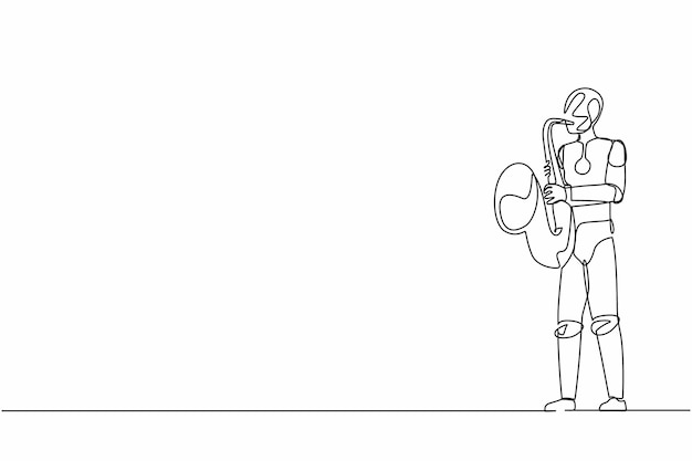 Un solo dibujo de una línea robot saxofonista actúa en el festival de música jazz Diseño de tecnología futura