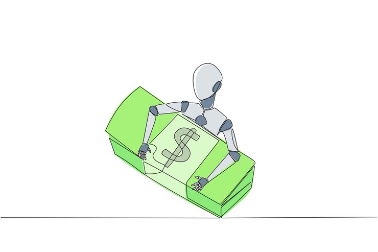 Vector un solo dibujo de una línea robótico abrazando una pila de billetes el escaneo evita el uso indebido del dinero