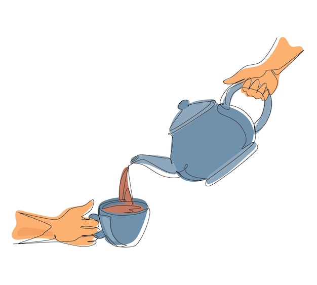 Un solo dibujo de una línea vertiendo té en una taza Mujer vertiendo té orgánico en una taza de cerámica vector.