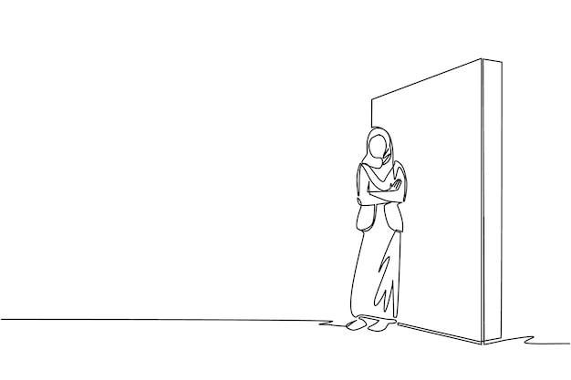 Un solo dibujo de una mujer de negocios árabe de pie y apoyada contra la pared ilustración vectorial