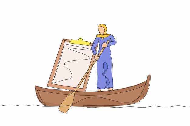 Un solo dibujo de una mujer de negocios árabe de pie en un barco navegando con una ilustración de clipboard