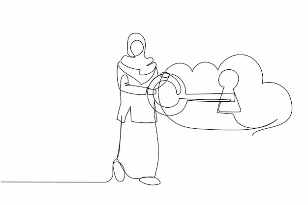 Un solo dibujo de una mujer de negocios árabe puso la clave en la nube Vector de diseño de sistema de almacenamiento en Internet