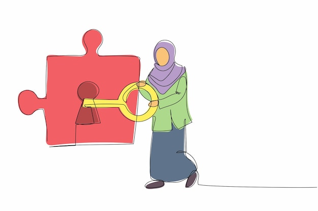 Un solo dibujo de una mujer de negocios árabe puso la llave en la pieza del rompecabezas diseño ilustración vectorial