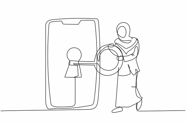 Un solo dibujo de una mujer de negocios árabe puso la llave en un teléfono inteligente Desbloquear la protección de la pantalla