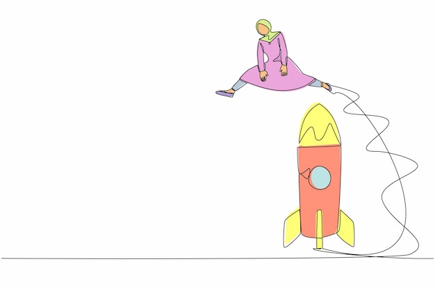 Un solo dibujo de una mujer de negocios árabe saltando sobre un gran cohete Lanzamiento exitoso de una startup