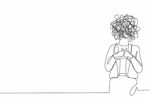 Un solo dibujo de una mujer de negocios con garabates redondos en lugar de cabeza prohibido sólo di no