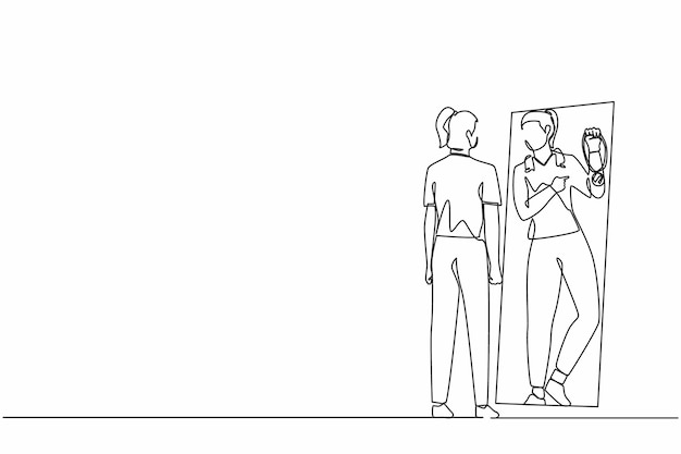Un solo dibujo de una mujer de negocios mirando al espejo y el reflejo de sí misma sosteniendo una medalla de oro