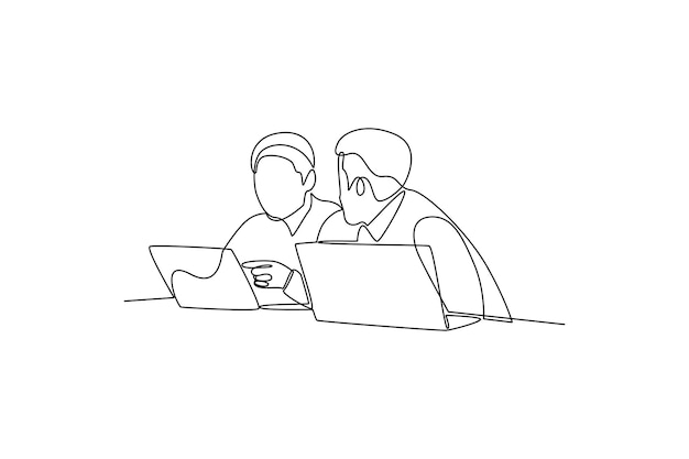 Un solo grupo de dibujos de línea de personas discutiendo sobre el proyecto frente a la computadora portátil concepto de trabajo en equipo de moda dibujo de línea continua diseño ilustración vectorial