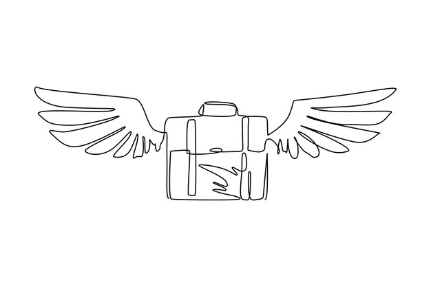 Un solo maletín de dibujo de línea continua con icono de alas planas Maleta de viaje en vuelo aislada