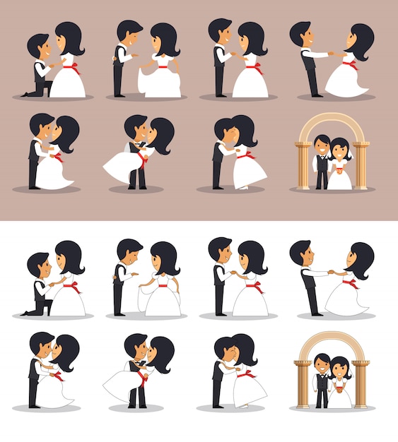 Solo parejas casadas en diferentes poses. ilustración del vector en estilo plano. pareja de boda.